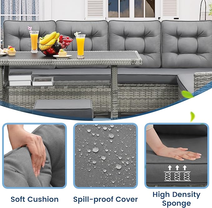 6-Piece Patio Furniture Set, Outdoor Sectional Sofa with Dining Table & Chairs, All-Weather Dining Set with Removable Cushion Covers, Ideal for Garden, Porch, Backyard, Grey