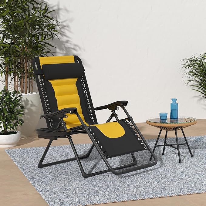 Best Choice Products Oversized Padded Zero Gravity Chair, Folding Outdoor Patio Recliner, XL Anti Gravity Lounger for Backyard w/Headrest, Cup Holder, Side Tray, Polyester Mesh - Black/Yellow