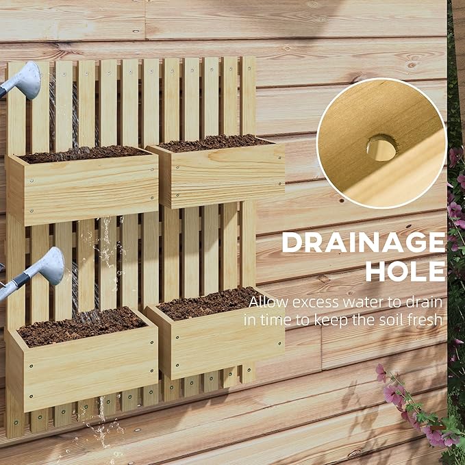 Outsunny 4 Box Raised Garden Bed with Trellis for Vine Flowers & Climbing Plants, 31.5" Tall Wall-Mounted Wood Planter Box Set with Adjustable Height, Drainage Hole, Natural