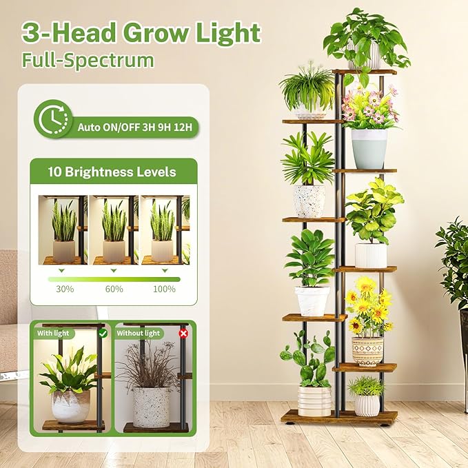 iDavosic.ly 7 Tier Tall Plant Stand Indoor with Light, Tiered Corner Metal Wood Multiple Flower Holder Shelf, 50 Inch Display Grow Rack for Living Room Bedroom, Modern Black & Rustic Brown