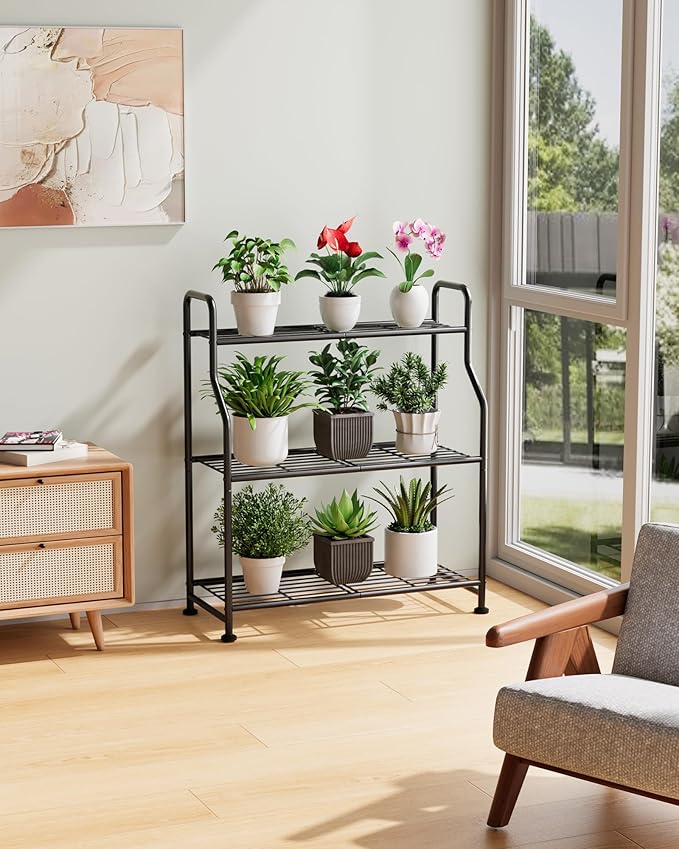 Kitsure Plant Stand Indoor & Outdoor - 3-Tier Metal Plant Shelf with Adjustable Leveling Feet, Easy to Assemble Planter Stand for Patio, Balcony, or Garden (Black, 27" x 11.4" x 29.3")