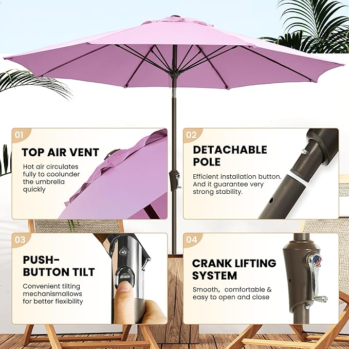 Ayge 9FT Large Outdoor Patio Umbrella Market Table Umbrella-UV Resistant, Easy Push Button Tilt and Crank, 8 Sturdy Fiberglass Ribs Heavy-Duty Pool Umbrella for Deck, Backyard,Garden,Purple