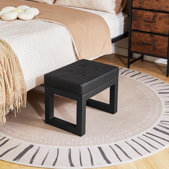 IBUYKE 16 Inch Small Foot Stool Ottoman, Rectangle PU Faux Leather Foot Rest with Padded Seat and Metal Legs, Modern Ottoman Foot Rest for Living Room Bedroom Entryway Couch, Black WBD026B
