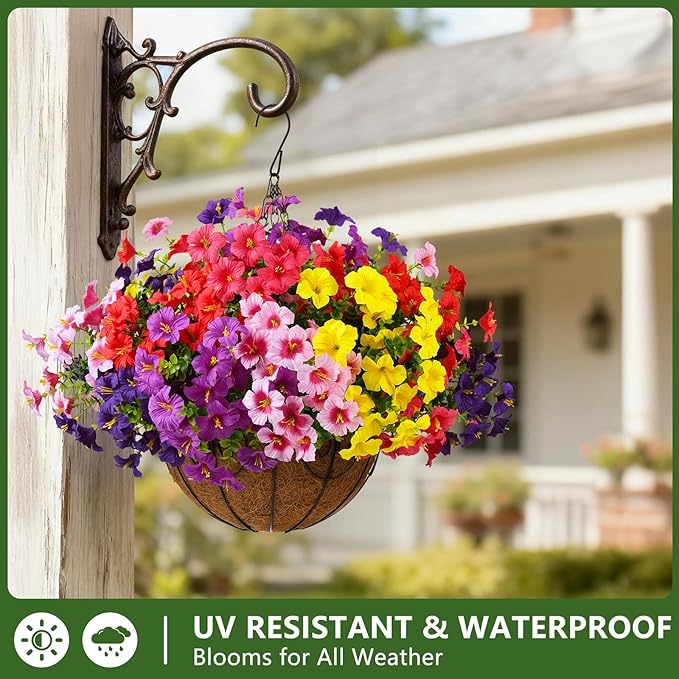 INQCMY Artificial Fake Petunias Flowers for Outdoors Spring Decoration, 12 Bundles Faux Plants Outdoor UV Resistant Realistic Silk Flower for Outside Planters Patio Porch Yard Window Box