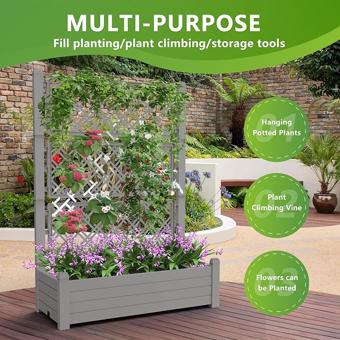 EasyUp Raised Garden Bed with Trellis for Climbing Plants, Raised Herb Garden Bed with Drainage Plug & Water Level Gauge, Durable Dust-Proof Resin Planter for Patio, Balcony, Backyard