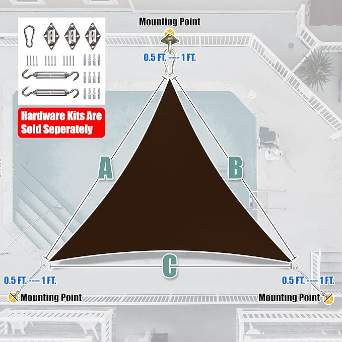 Amgo 22' x 22' x 22' Brown Triangle Sun Shade Sail Outdoor Canopy Awning UPF50+ AGTAPRT12, 95% UV Blockage, Water & Air Permeable, Commercial Standard Heavy Duty (We Make Custom Size)