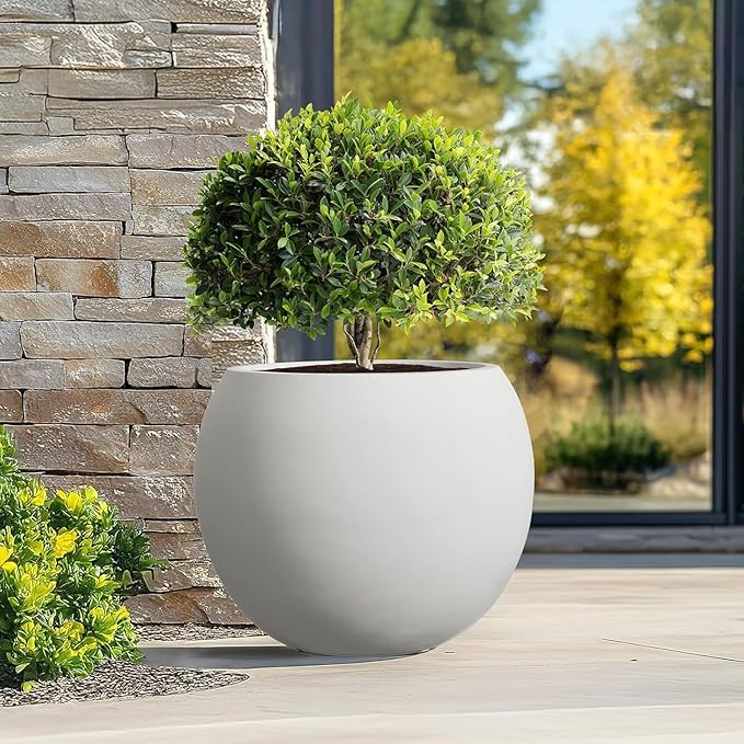 13.5 H x 17" Dia (12" Pot Opening) Round Fiberstone Planter with Drainage Hole, White, Indoor/Outdoor Large Plant Pot for Home Patio Garden, Ideal for Large Plants