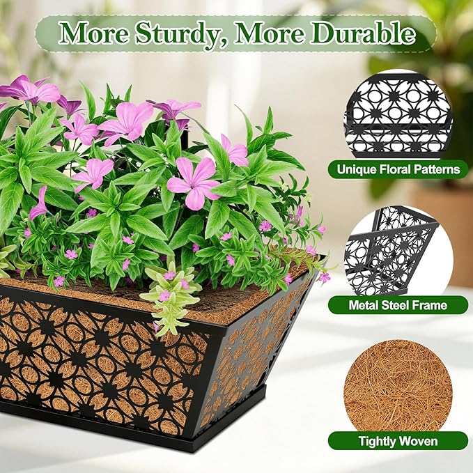 SPECILITE 30" Window Boxes Planters, Heavy Duty Metal Railing Planter Boxes, Adjustable Balcony Planters for Railing Hanging, with Coco Liner & Tool Set for Deck, Porch, and Patio Gardening (6 Pack)