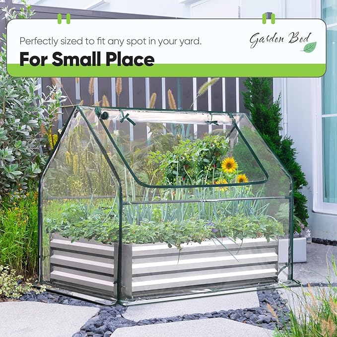 Quictent Raised Garden Bed with Cover Outdoor Galvanized Steel Planter Box Kit with Greenhouse Large Zipper Window Dual Use, 20pcs T-Type Tags & 1 Pair of Gloves Included 4x2.4x1 FT, Clear