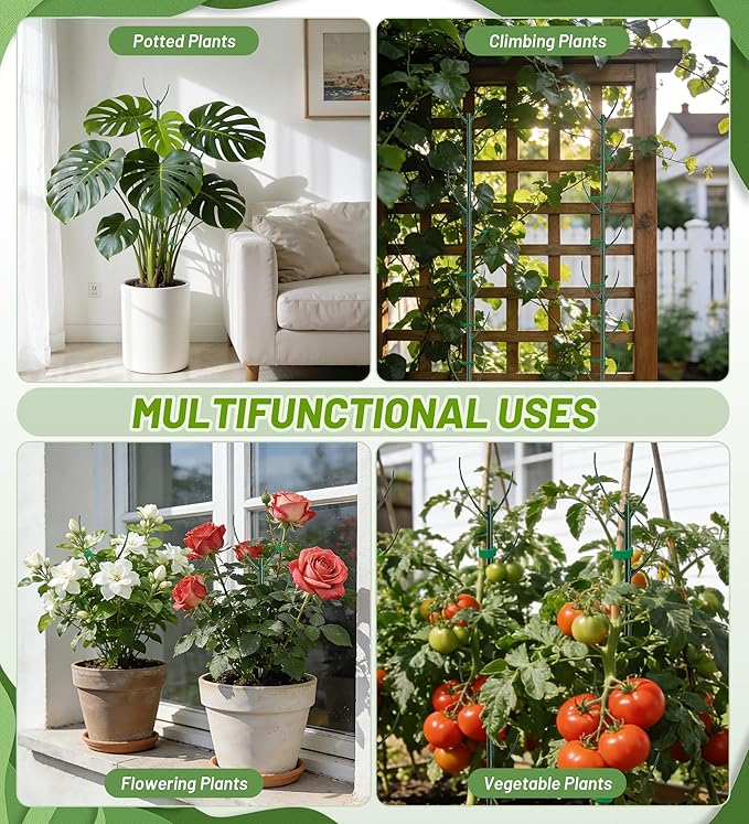 Plant Support Stakes, 6 Pcs Stackable Plant Support Poles with 20 Clips, 1 Roll Tie for Indoor Outdoor Monstera Climbing Plants, Green