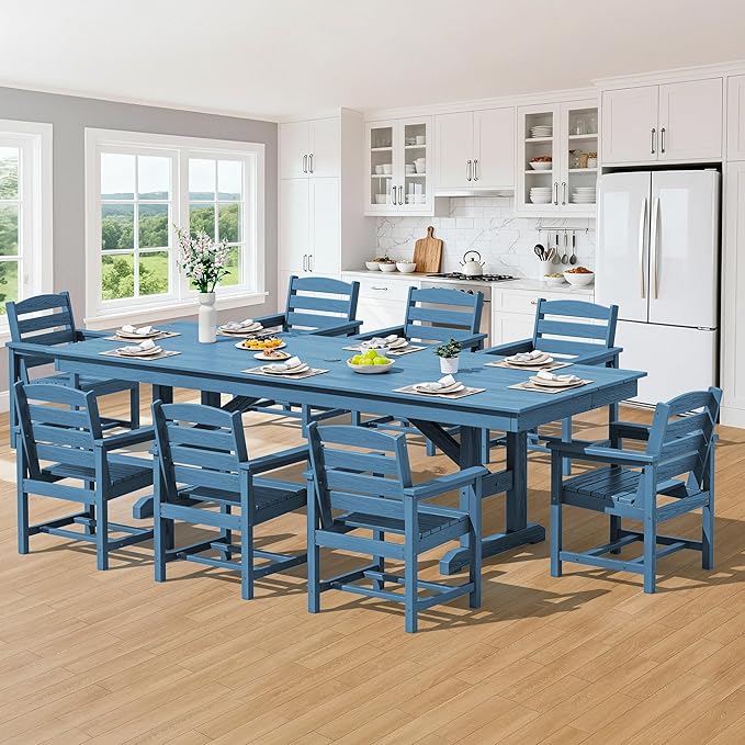 SERWALL 9 Piece Outdoor Dining Set, 84" HDPE Outdoor Table and Chairs for 8，All Weather Patio Furniture Set with Umbrella Hole for Backyard, Garden, Blue