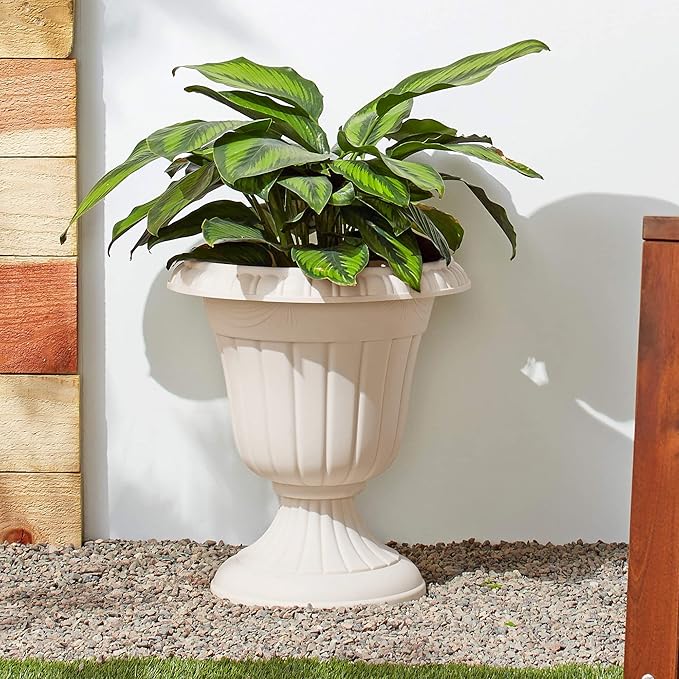 Arcadia Garden Products PL00BG Classic Traditional Plastic Urn Planter, 16” x 18”, Beige