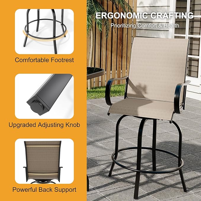 5 PCS Outdoor Bar Set with Outdoor Bistro Table and Chairs Set of 4, Bar Height Outdoor Dining Set, All Weather Mental Textilene High Swivel Bar Stools Chair Set of 4 and High Glass Bar Table