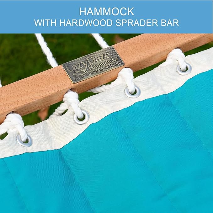 Lazy Daze Hammocks 12 FT Double Quilted Fabric Hammock with Spreader Bar and Detachable Pillow, 2 Person Hammock for Outdoor Outside Patio Garden Yard Pool Beach, 450lbs Weight Capacity (Blue)