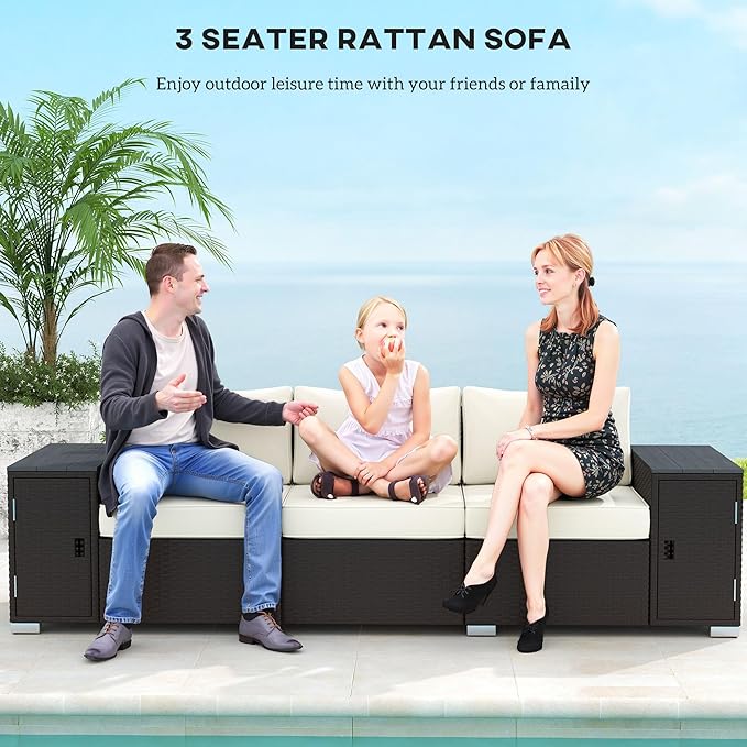 Outsunny 3 Seater Wicker Sofa with 2 Storage Side Tables and Thickened Cushions, Rattan Outdoor Patio Sofa with Wide Armrests, Wicker Outdoor Couch for Porch, Garden, Backyard, Cream White/Brown