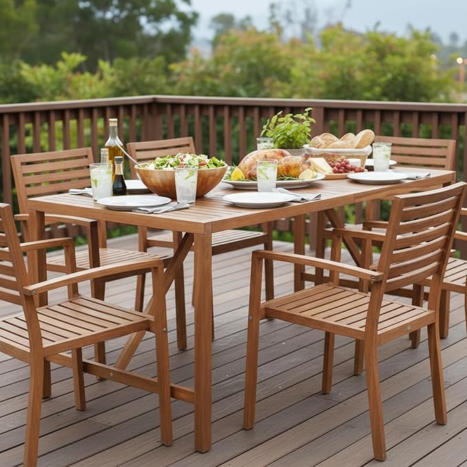 Tangkula 67" Acacia Wood Outdoor Dining Table for 6, Rectangle 6-Person Patio Table with 2" Umbrella Hole & Spacious Slatted Tabletop, Indoor Outdoor Dining Furniture for Deck, Garden, Poolside & Yard