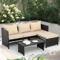 Valita 3-Piece Outdoor PE Rattan Furniture Set Patio Black Wicker Conversation Loveseat Sofa Sectional Couch Khaki Cushion