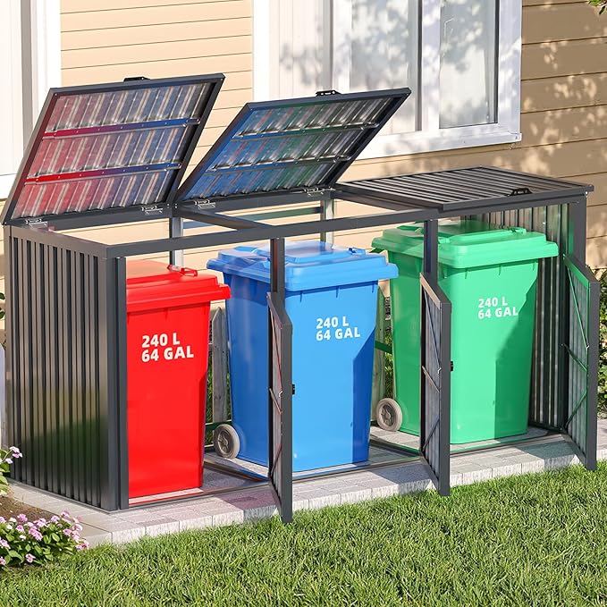 AECOJOY Outdoor Trash Can Storage Shed for 3 Garbage Cans, 73 Cu.Ft Outside Garbage Can Storage Sheds & Outdoor Storage Clearance, Dark Grey Outdoor Horizontal Storage Cabinet Waterproof