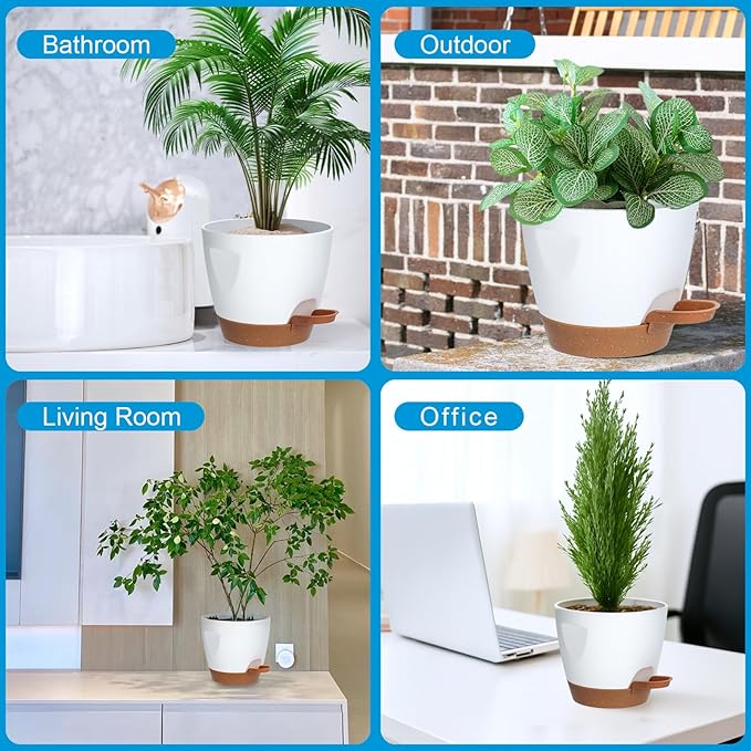 5-Pack Plant Pots with Drainage for Winter Care 7/6.5/6/5.5/5 Inch, Self Watering Pots for Indoor Plants, Planters for Indoor Outdoor Plants, Plastic Flower Pot, Planter for Indoor Outdoor (White)
