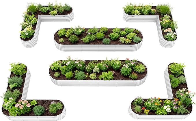 A ANLEOLIFE Set of 6, 18 Inch Tall Antique White Raised Garden Beds Kit, Heart-Shaped & Long Oval Planters for Custom Decorative Gardens.