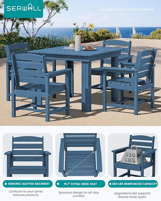 SERWALL Outdoor Dining Set for 4, HDPE Square Table and Chairs Set All Weather Patio Dining Set, 5-Piece Patio Dining Furniture for Deck, Blue
