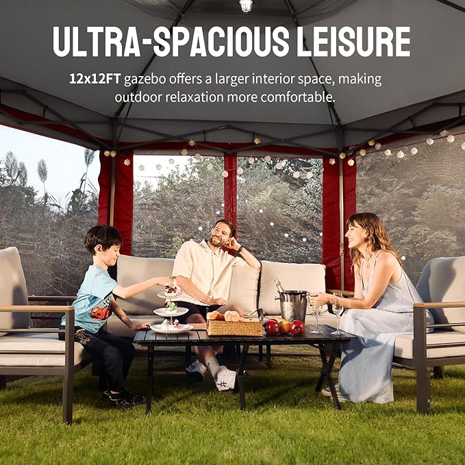 CROWN SHADES 12x12 Pop Up Gazebo with Mosquito Nettings, Patented Center Lock 6-Sided Portable Gazebo, 300D Silver-Coated Fabric UV Resistant, Pop Up Canopy Tent for Patio, Party, Red&Grey