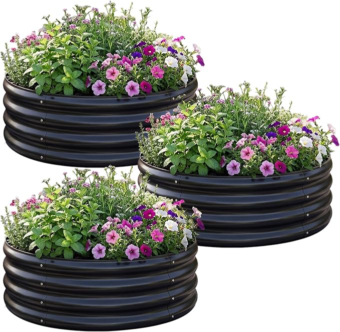 AHEONLAR 3 Pack 2x2x1 ft Round Galvanized Raised Garden Bed Kit Round Metal Flower Box Large Planter Raised Beds Outdoor Garden for Planting,Fruit,Herb Black