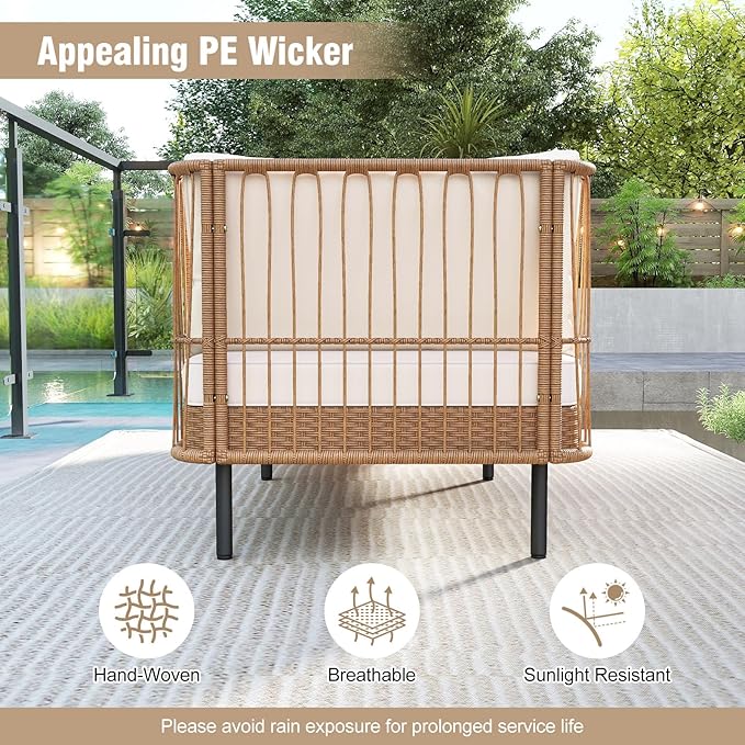 Tangkula Patio Rattan Daybed, Boho Outdoor Wicker Lounge Sofa with Seat & Back Cushions, 2-Seat Bench Sun Lounger Chair with Robust Metal Legs for Deck, Backyard, Porch, Poolside (1, Off White)