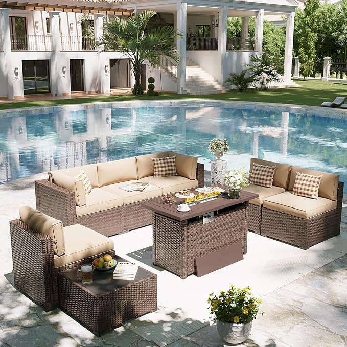 Aoxun Patio Furniture Set with Fire Pit Table, 8 Piece Outdoor Sectional Sofas, Wicker Outdoor Furniture with Thickened Cushion for Backyard, Garden (Brown Rattan Begin Cushions)