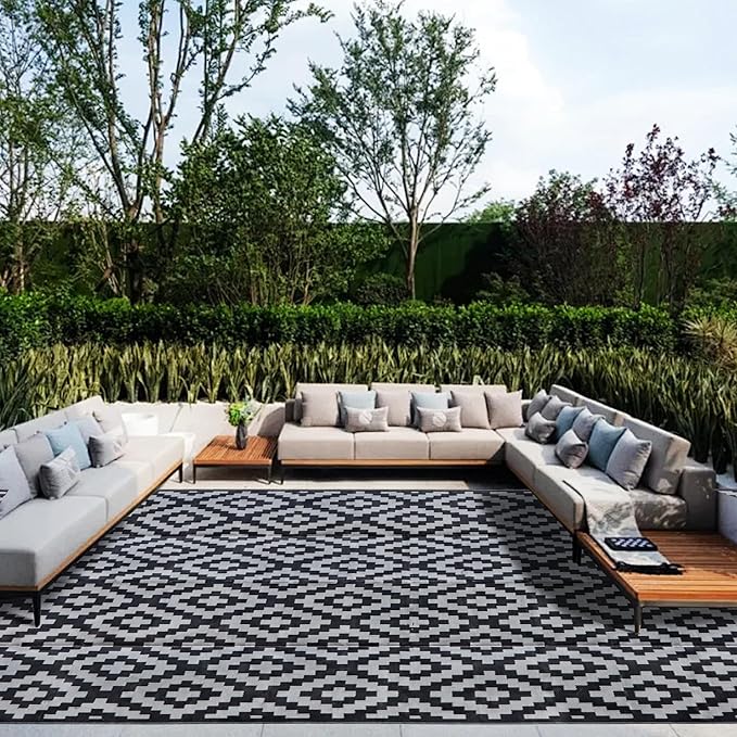 SAND MINE Waterproof Outdoor Rug 10x20 ft, Plastic Reversible Rug, Modern Area Rug, Large Floor Mat for Outdoors, RV, Patio, Backyard, Deck, Picnic, Beach, Camping