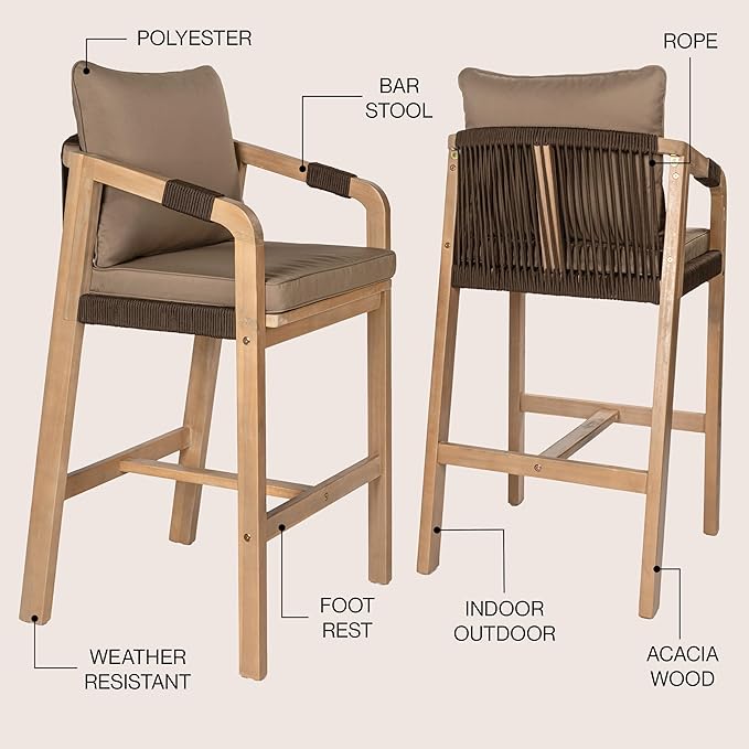 JONATHAN Y BSL1200C-SET2 Porto Modern Coastal Tub Roped Acacia Wood Outdoor Bar Stool with Cushions and Armrests, for Patio, Lawn, Backyard, Deck, Brown/Light Teak (Set of 2)