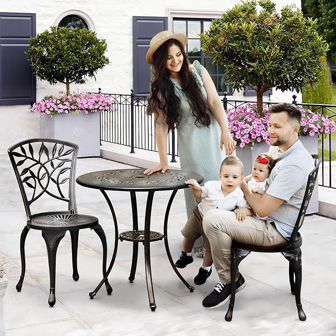 DWVO 25 Inches Round Patio Dining Table with Umbrella Hole, Antique Cast Aluminum Outdoor Bistro Table Outdoor Side Table for Backyard, Garden, Patio, Porch, Hammered Bronze
