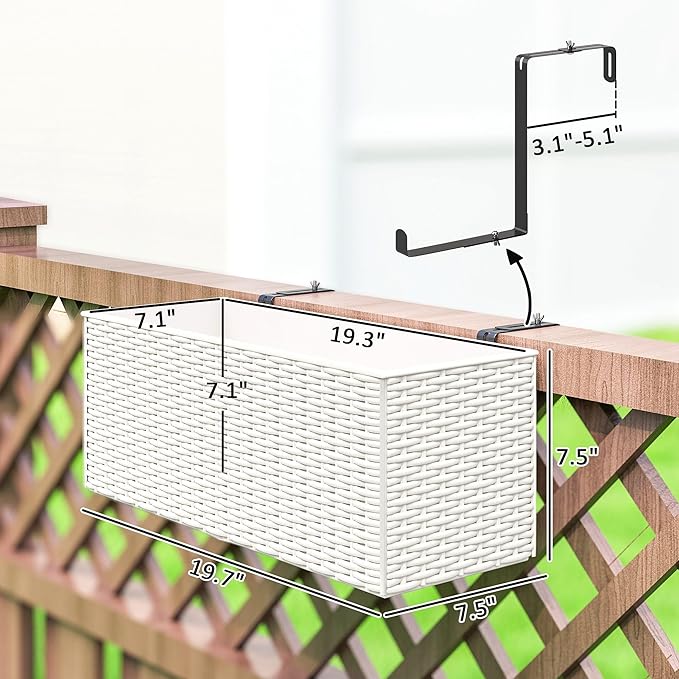 Outsunny Railing Planter Box (2 Pack, 20 Inch), Hanging Flower Pots with Hooks, Drainage Holes for Fence, Balcony, Garden, Patio, Rattan Look, White