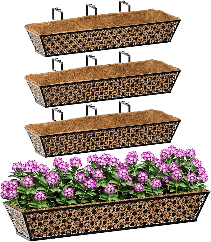 SPECILITE 30" Window Boxes Planters, Heavy Duty Metal Railing Planter Boxes, Adjustable Balcony Planters for Railing Hanging, with Coco Liner & Tool Set for Deck, Porch, and Patio Gardening (4 Pack)
