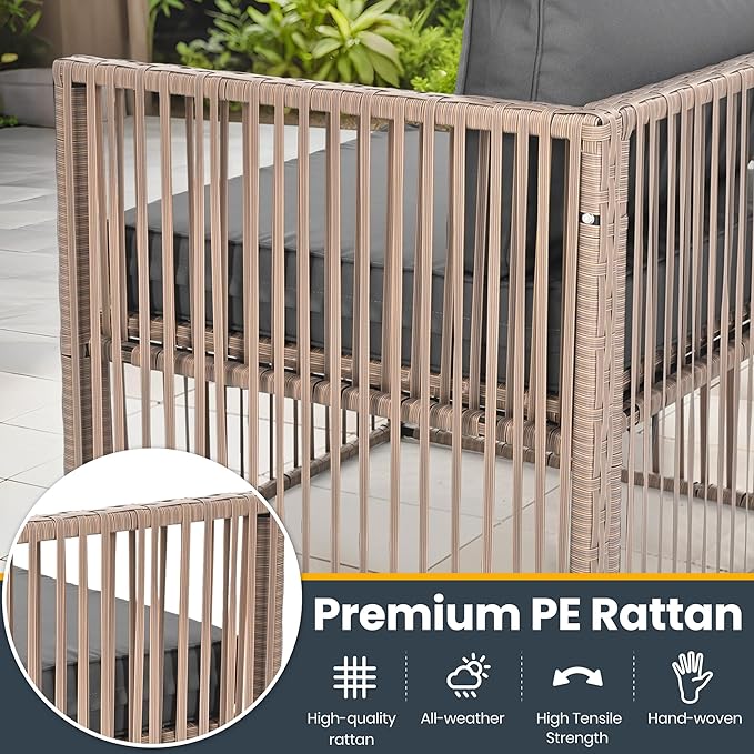 Pamapic 7 Piece Outdoor Sectional Sofa Set, All-Weather Patio Furniture with Washable Cushions, Waterproof Brown Rattan Wicker Conversation Set for Backyard, Poolside, Gray Cushion