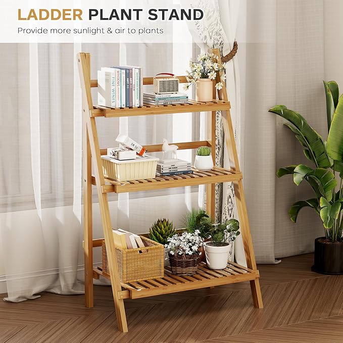 39.4" Foldable Plant Shelf Ladder Shelf, 3 Tier Bamboo Ladder Flower Pot Display Shelf, Freestanding Ladder Bookshelf for Garden, Balcony, Yard, Living Room, 23.6"W x 15"D x 39.4"H, Natural