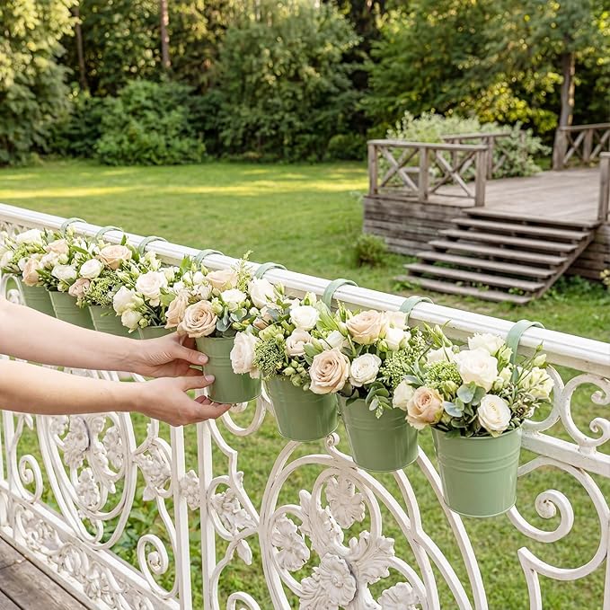 HowRU Hanging Flower Pots, Railing Planter Box for Outdoor Plants 12 Pack 5 Inch Metal Hanging Planters with Detachable Hooks Balcony Window Fence Garden Decoration Flower Boxes (Green)