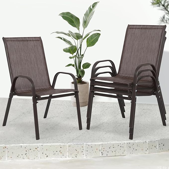 Outdoor Stackable Chairs Set of 4, Stacking Patio Chairs with Textilene Fabric, Outside Furniture for Garden Backyard Balconie Poolside Deck, Brown