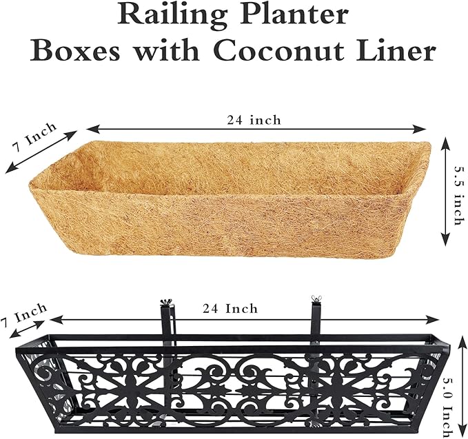 4 Pack 24 Inch Window Boxes Planters Railing Planter Box with Adjustable Brackets & Coco Liners Fabric Plant Grow Bags Deck Railing Planter Boxes Balcony Hanging Flower Box for Outdoor Plants