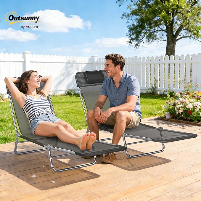 Outsunny 2 Piece Folding Chaise Lounge Chairs, Pool Sun Tanning Chairs with Reclining Back, Breathable Mesh Seat, Headrest for Beach, Yard, Patio, Black