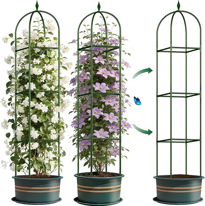Garden Trellis for Climbing Plants, Tomato Cage, Rose, Flowers, Grape, Pea, Cucumber Trellis, Rustproof Plastic Coated Metal Plant Support for Potted Plants Indoor Outdoor - 2PC Plant Trellis