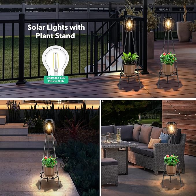 Solar Lights with Plant Stand, Outdoor Floor Lamp, Waterproof Solar LED Edison Bulb Light Flower Shelf for Patio Porch Deck Yard Garden Decor-1 Pack