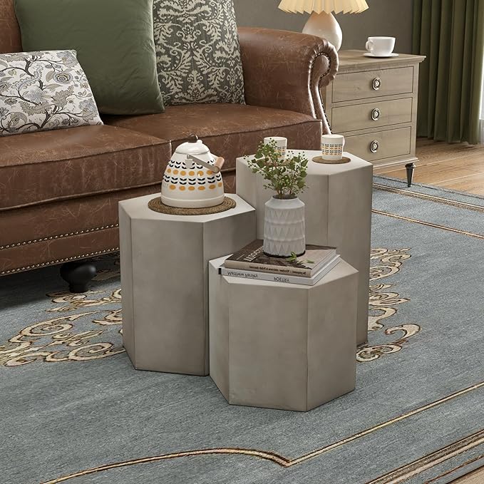 COSIEST Concrete Accent Table, Hexagon Patio Side Table 14.5''Wx12''H, Modular Design Indoor Outdoor End Table, Light Grey