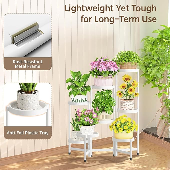 LASZOLA 8 Tiered Folding Plant Stand Indoor for Multiple Large Planter, Tall Heavy Duty Adjustable Rack with Rust Proof Plastic Shelving, Sturdy Vertical Tree Organizer for Narrow Inside Floor, White