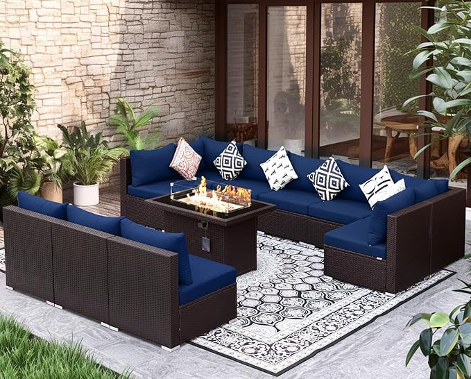 NICESOUL Modern Outdoor Patio Sectional Sofa Set with Firepit Natural Gas/Propane, 29.3'' High Back Wicker Conversation Set, 10 Seats Large Deep Seating Furniture, Brown Rattan and Navy Blue Cushion