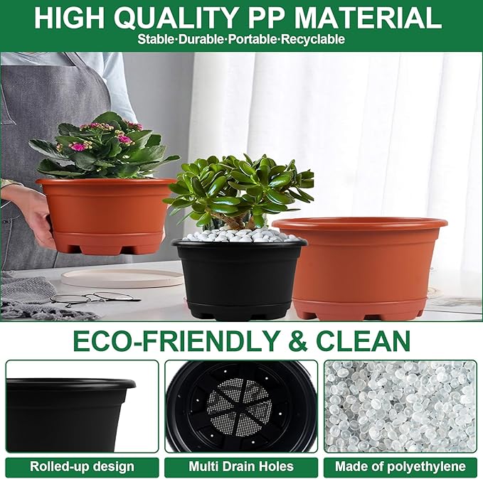 5 Pack 10.5 inch Plant Pots,Planter-Pots-for-Plants-Indoor-Outdoor，Plastic Flower Pot for Indoor Outdoor Plants with Drainage Holes & Trays, Decorative Garden Containers Sets for Houseplants