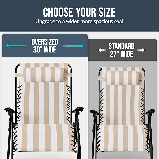 Best Choice Products Set of 2 Extra Wide Adjustable Steel Mesh Zero Gravity Lounge Chair Recliners w/Pillows and Cup Holder Trays - Tan Stripes