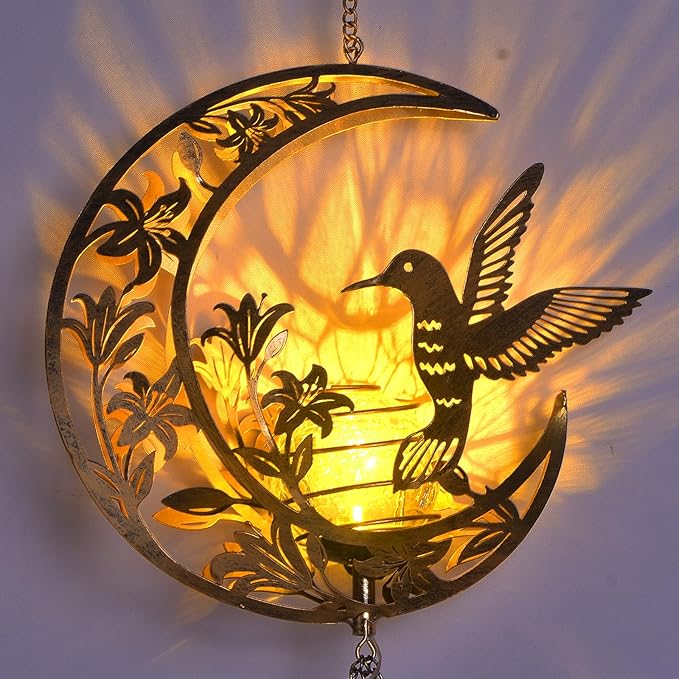 Moon Hummingbird Wind Chime Outdoor, Handcrafted Metal Garden Wind Chimes with Hummingbird Charms, Melodic Wind Bells for Patio Porch Decor, Weatherproof Gift for Nature Lovers & Bird Watchers