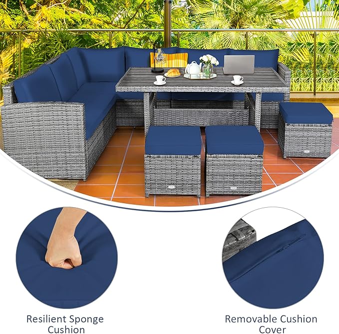 Tangkula 7 Pieces Patio Furniture Set, Outdoor Sectional Rattan Dining Sofa Set with Cushions, All Weather Wicker Conversation Couch Set with Dining Table & Ottomans for Yard Garden Poolside, Navy
