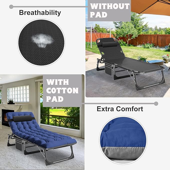 ABORON 2PK Heavy Duty Tanning Chair, 5-Gear Outdoor Folding Chaise Lounge Chair with Cushion, Portable Beach Lounge Chair for Outdoor Sunbathing, Patio, Pool, Lawn, Deck, Poolside